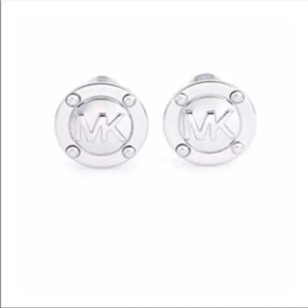 Michael Kors Silver Tone MK Logo Stud Earrings Round Disc Designer NWT Boxed